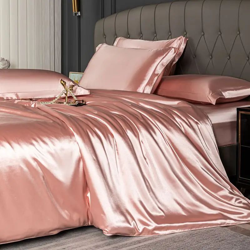 Nordic Satin Silk Bedding Set with Duvet Cover Bed Sheet Pillowcases Luxury Solid Single Double Couple Pillow Case Bedsheet