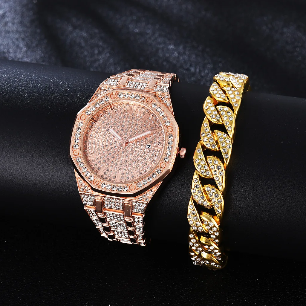 Orologio da donna Top Brand for Men Luxury Iced Out Gold Set Gifts orologio da polso al quarzo Hip Hop coppia orologi Relojes Para Mujer