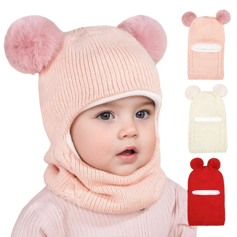 Double Plush Ball Children One Piece Scarf Cap Cute Baby Ear Protection Hat 1-6year Kids Hooded Beanies Winter Warm Neckerchief