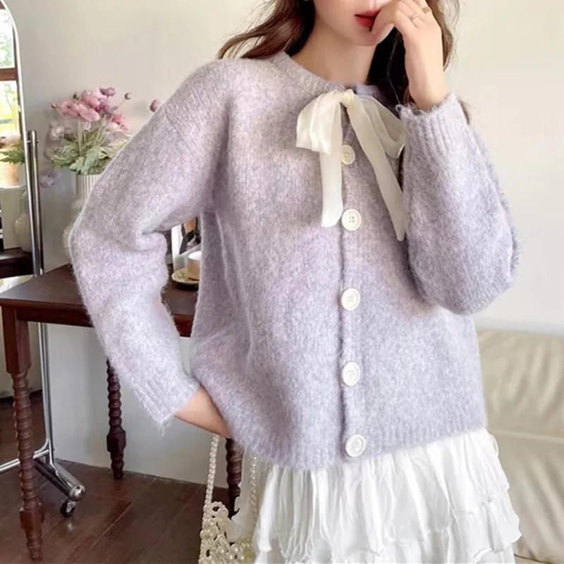 

Bow Knit Sweater Women's Cardigan Autumn And Winter New Item Korean Small Fragrant Style Round Neck Top Commuting Jacket New