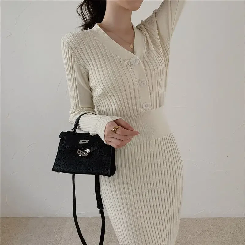 

Woman's Knitted Midi Dress Autumn Winter Solid Color V-neck Sweater Dress Korean Streetwear Y2k Casual Elegant Office Dress 원피스