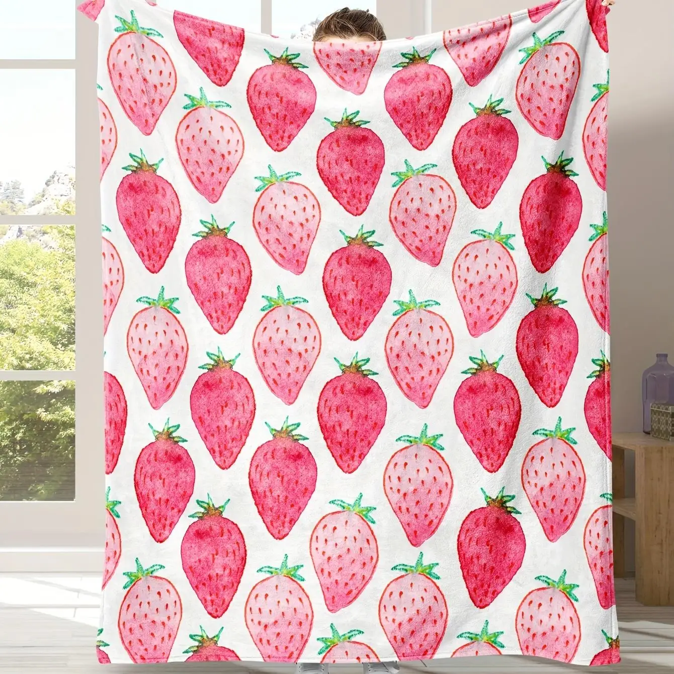1pc Strawberry patterned blanket, polyester fabric, machine washable, suitable for bedroom and living room décor.