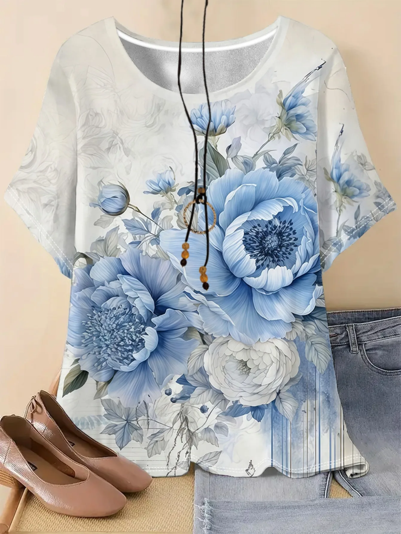 New Women T‑Shirt Vintage Blue Peony Floral Print Round Neck Short Sleeve Tee Casual Daily Fashion Tops Women's Clothes