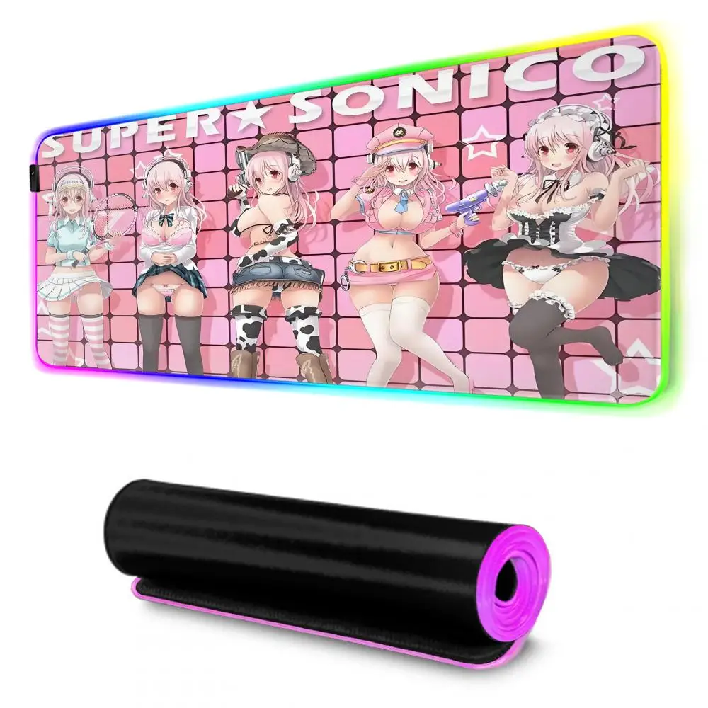 Anime Super Sonico Mouse Pad Gamer Rgb Desk Mat Back Light Led Mousepad Setup Gaming Accessories Deskmat Big Mousepad Backlight