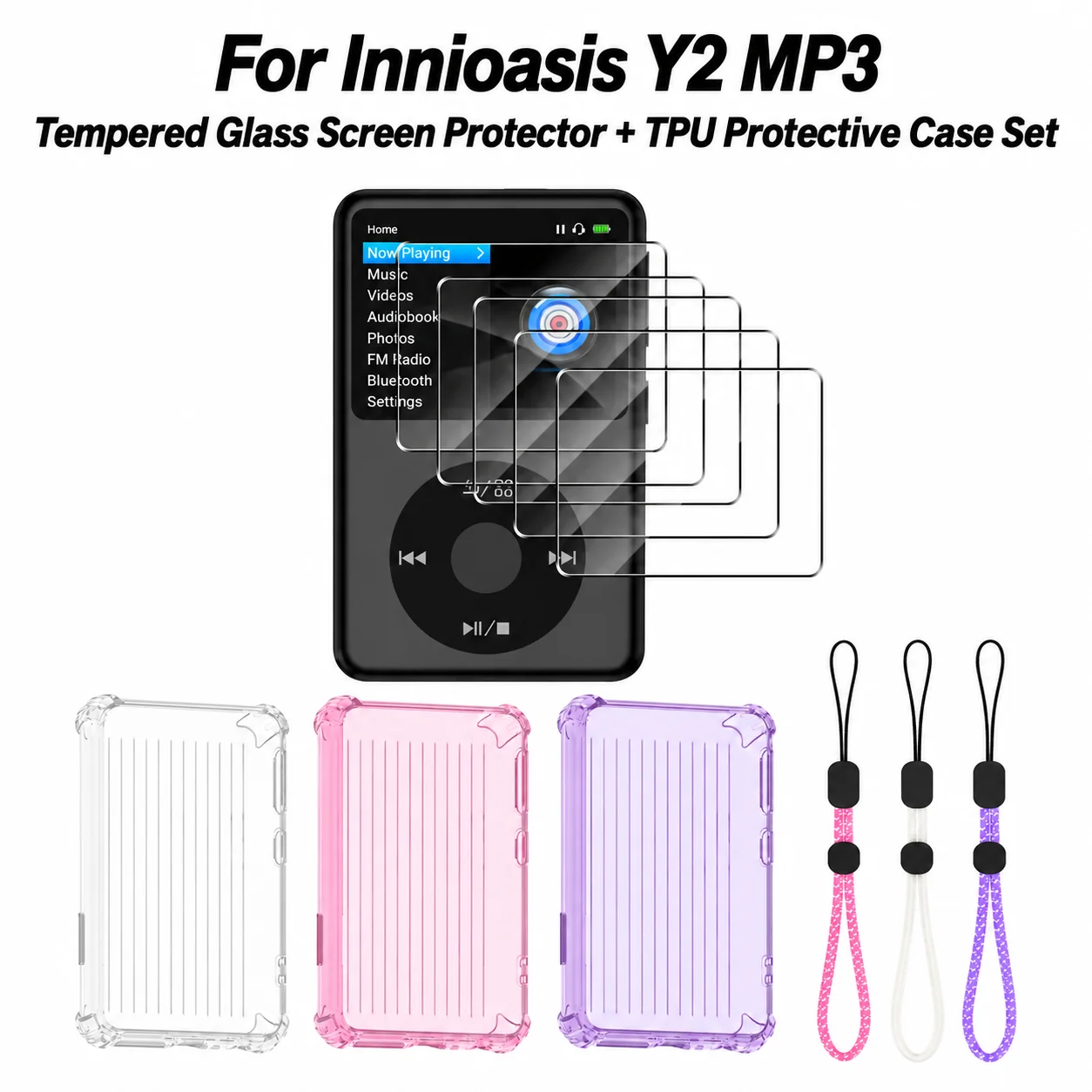 For innioasis Y2 MP3 Player 2IN1 TPU Case+Tempered Glass Screen Protector Anti-Drop Anti-Scratch Full Protective Cover Set