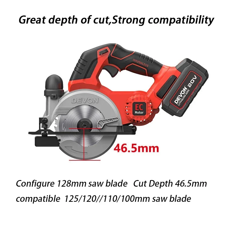 Devon Cordless Circular Saw Brushless 5833 20v 128x20mm 6000rpm 46.5mm Adjustable Degree for Woodworking Universal Flex Battery