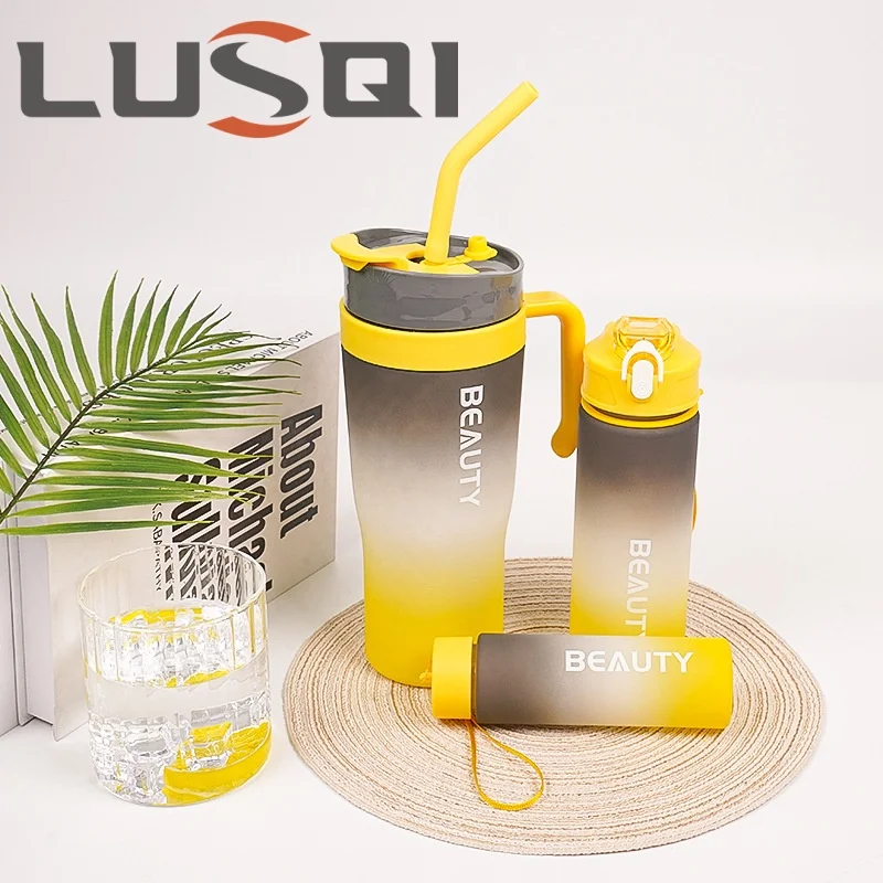 LUSQI 3PCS Set Water Bottle Gradient Color With Handle Water Cup Portable 1200/700/260ML Trend Set Water Bottle For Family