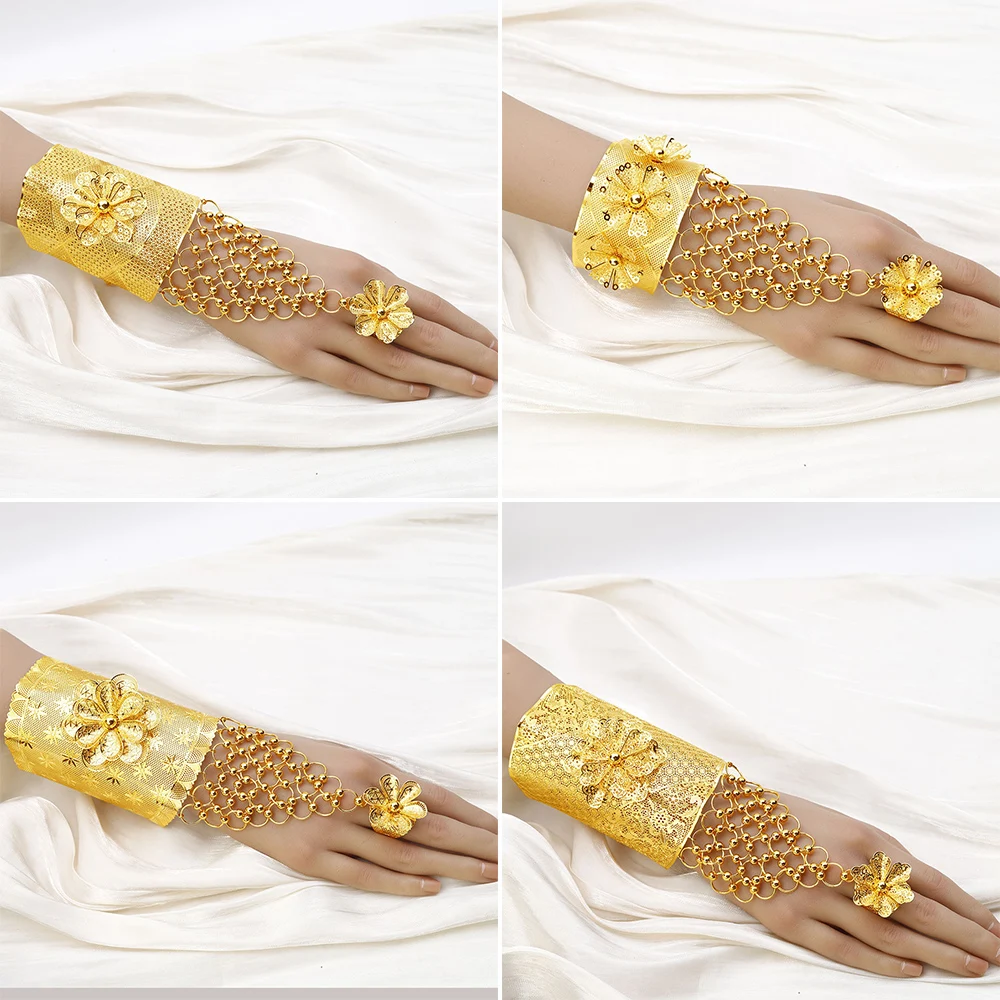 

Dubai Gold Color Bangles With Ring For Women Indian Bracelet Jewelery Arabic Wedding Party Banquet integrated bracelet and ring