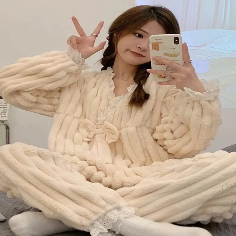 Luxuoso conjunto de pijama sexy simples renda feminina casa terno moda homewear coral velo pijamas inverno doce quente conjuntos completos