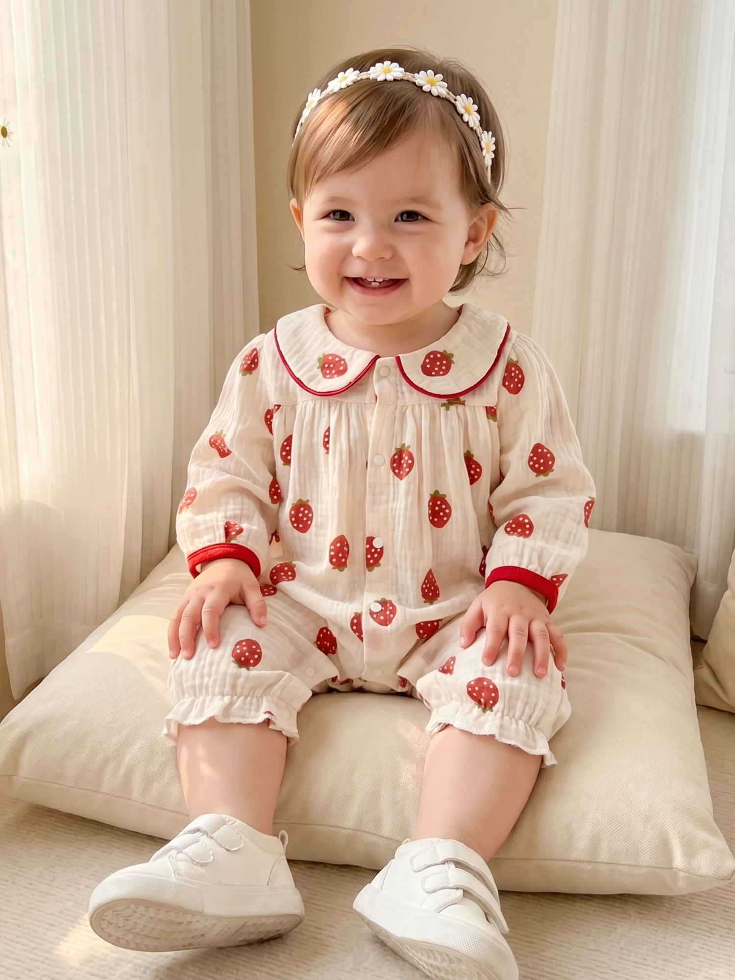 Girls Long Sleeve Doll Girls Jumpsuit Button-Closure Button Baby-Girls-Jumpsuit Long Sleeve Collar Strawberry Top Rated