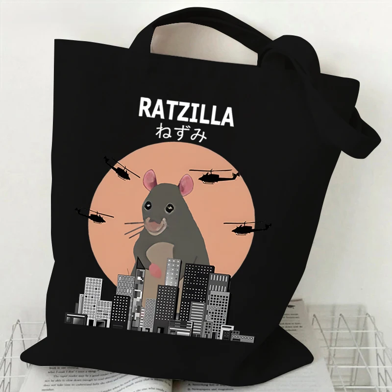 Rat Ladies Shopping Bags Canvas Eco Reusable Tote Bags Cartoon Animal Rat Shoulder Bag Vintage Helicopter&city Women\'s Handbags