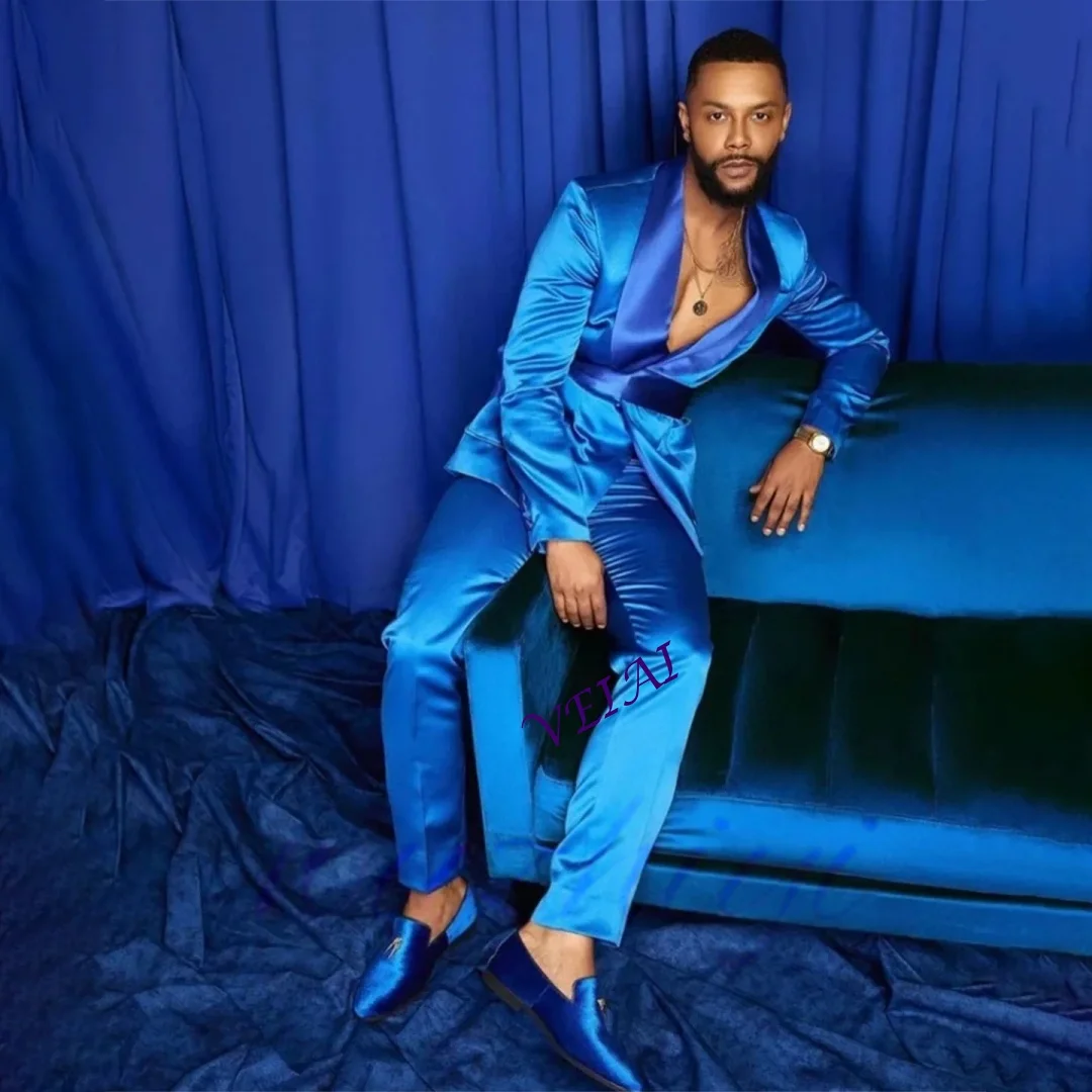 

Роскошный мужской атласный костюм королевского синего цвета для свадьбы, приталенный смокинг с заостренными лацканами, комплект из 2 предметов: пиджак и брюки, на заказ