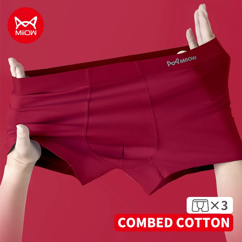 MiiOW 3Pcs Autumn Winter Cotton Men Underwear Lucky Red Men's Panties 7A Antibacterial Mens Underpants Silky Breathable Boxers