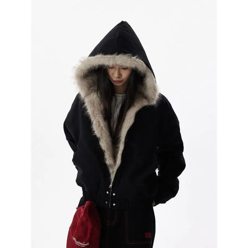 

American Retro Jacket Hooded Longe Sleeve Women Casual Faux Fur Pure Color Vintage Sweatshirt Aesthetics Parkas Autumn Clothing