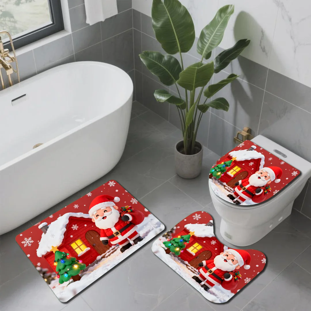 3‑Pieces Christmas Red House & Santa Claus Bathroom Mat Set, Decor Rug Kit With Toilet Lid Cover & U‑Shaped Mat, Festive Holiday
