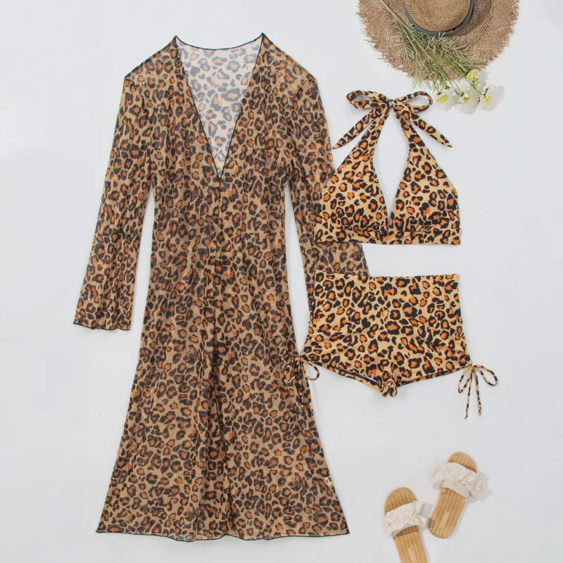 Leopard Sexy Bikini Damskie Stroje Kąpielowe Trzyczęściowe Kostiumy Plażowe Strój Kąpielowy Brazylijski Zestaw Bikini Strój na Basen