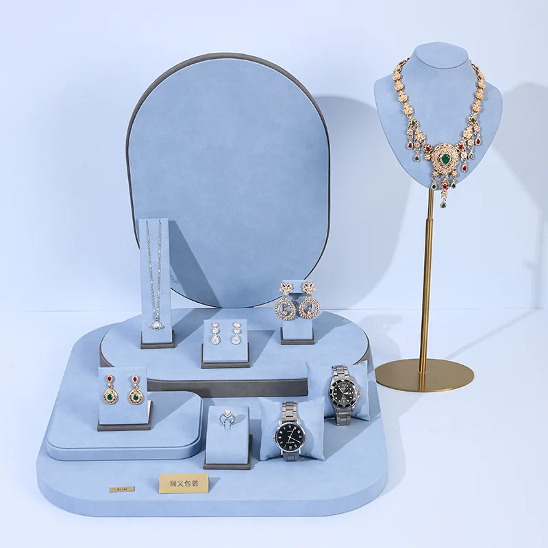 Light Blue Microfiber Jewelry Display Set, Necklace Bust Ring Earring Watch Display Stand, Jewelry Shop Counter Photography Prop