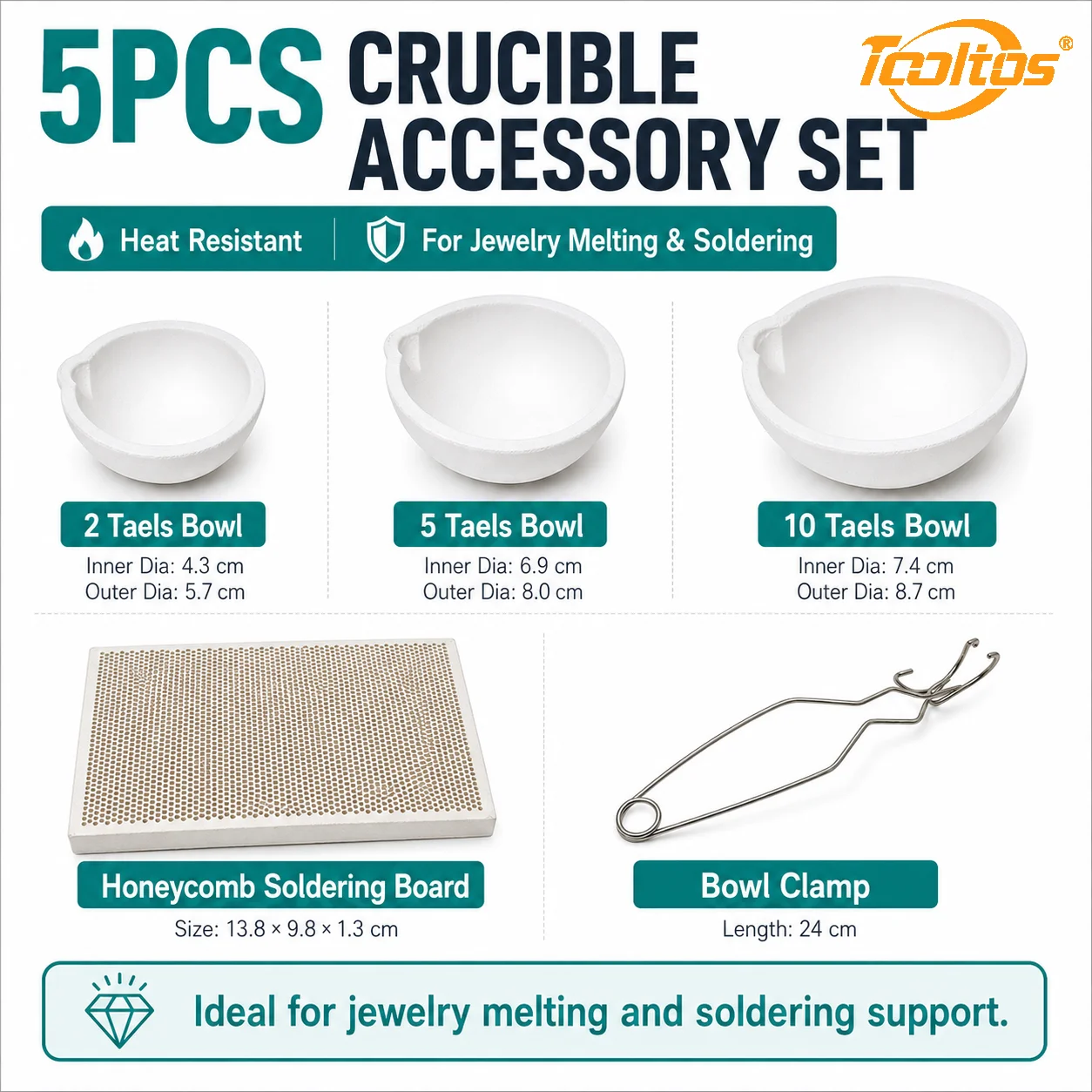 TOOLTOS 5PCS Jewelry Melting Crucible Set 2/5/10 Taels Bowls Honeycomb Soldering Board Bowl Clamp for Gold Silver Jewelry Making