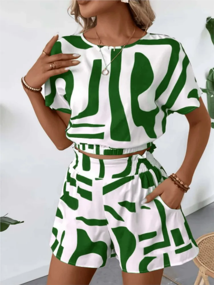 

Spring Summer Casual Printed Pocket Two-piece Sets Women Fashion Casual Round Neck Short Sleeve Top + Short Pants 2piece Set