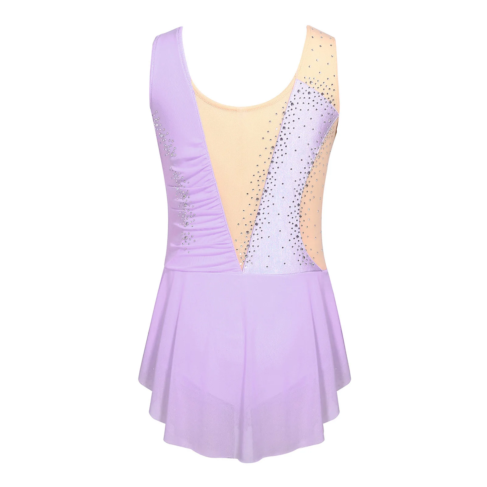 Kinder Mädchen Gymnastik Eiskunstlauf Ballett Tanzkostüm Funkelnde Strasssteine Gerafftes Netzkleid mit Seitenschlitz und Eingebautem Slip – Detail 5