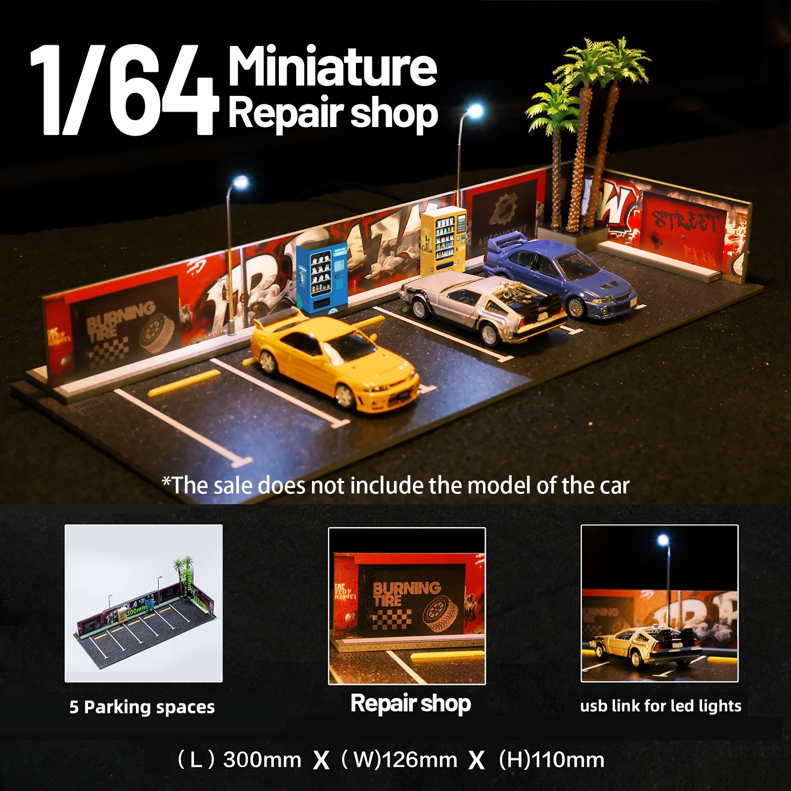 1/64 Scale Assembled Auto Repair Shop Scene Model Garage Desktop Display with LED Light Simulation Ornaments for Car Enthusiasts