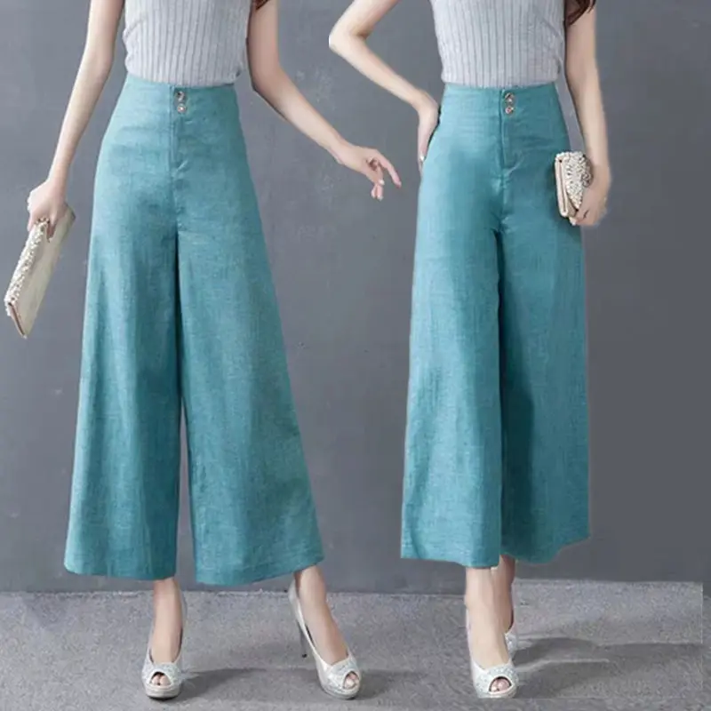 

Cotton and Linen Cropped Pants Women Spring Summer Thin Wide Leg Straight High Waist Oversized Casual Pants Women's Pants Q857