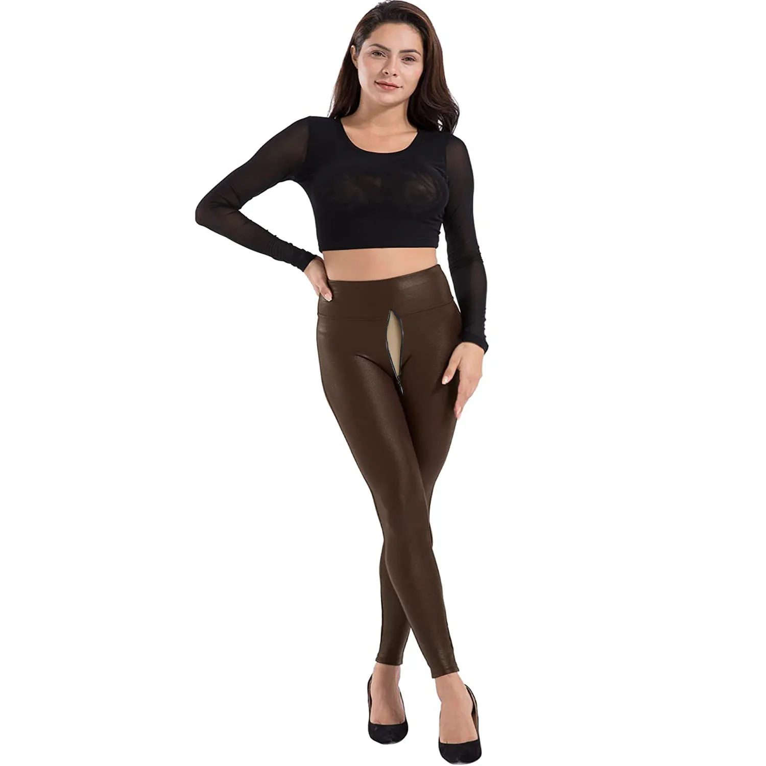 

Invisible Crotch Pants Faux Leather Leggings for Women Tummy Control Dressy Leggings High Waisted Pleather Pants Disco Outfits