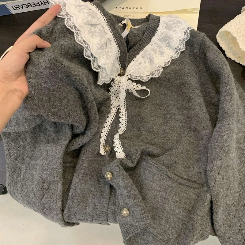 Sweet Doll Collar Lantern Sleeve Lace Cardigan Single Breasted Loose Lazy Minority Autumn Winter Sweaters Cute Knit Women Tops