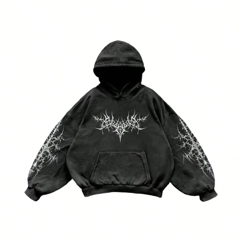 Retro washed black men's sweatshirt with printed pattern, women's hooded sweatshirt, autumn thick and loose fit, couple style.