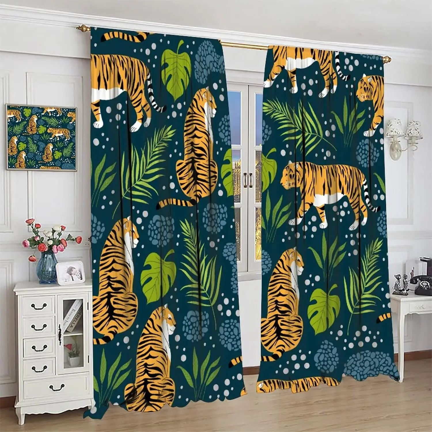 Tiger Blackout Curtains Cartoon Jungle Wild Animal Tropical Plant Leaf Green Yellow Blue Rod Pocket Blackout Bedroom Living Room
