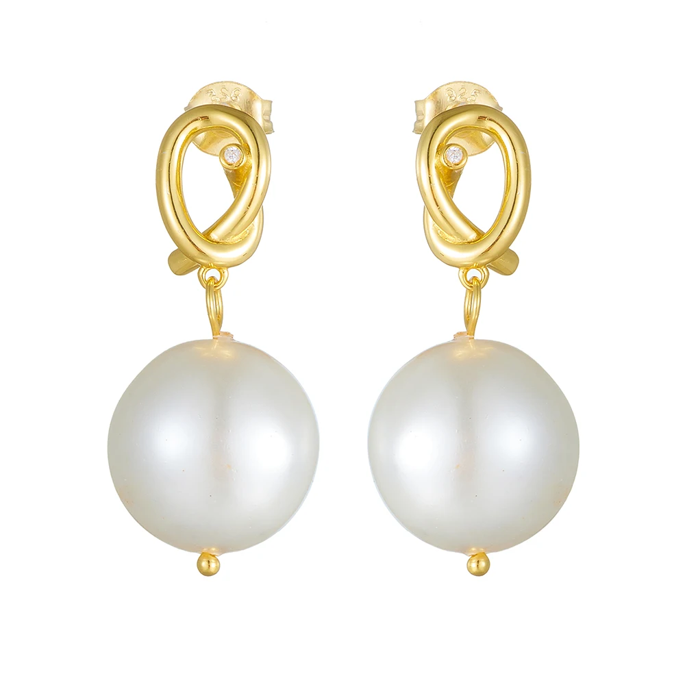 

S925 Sterling Silver Shell Button Pearl Earrings Women's Ins Personality Geometric Knot Ear Jewelry