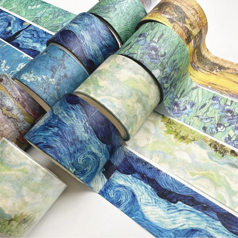 1 rollo de cinta decorativa de la serie de pinturas al óleo de Van Gogh, cinta decorativa para diario con diseño de cielo estrellado, cinta estética para revistas, cinta para manualidades DIY