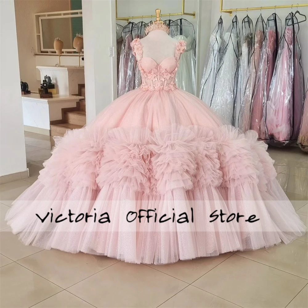 Appealing Puffy Pink Tulle Ruched Train Lace Corset Quinceanera Dress Ball Gown 18th Birthday Debut vestido de charra 15 años