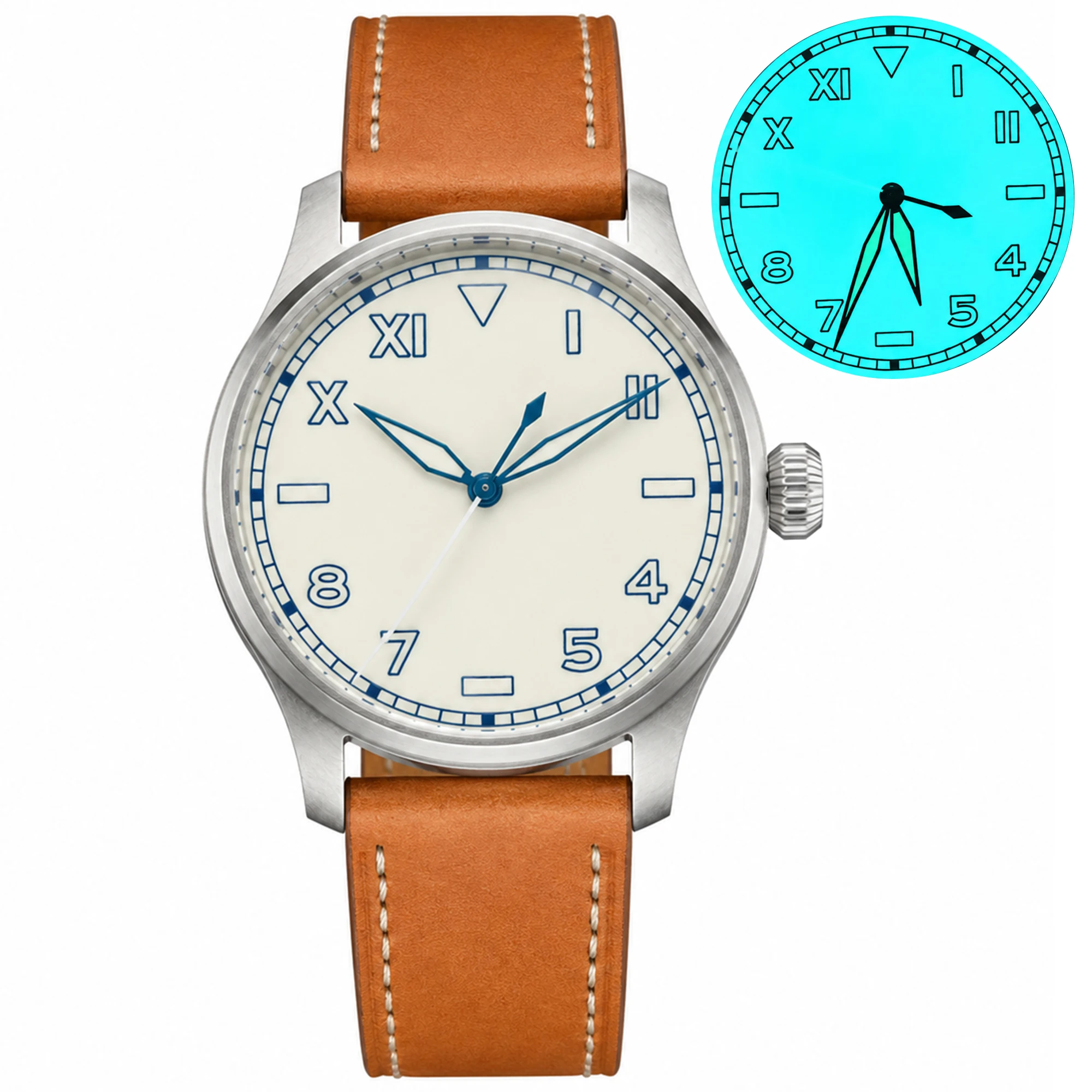 HRUODLAND Men's Retro Flieger Automatic Watch 40mm Military Pilot Watches PT5000 Mechanical Sapphire Crystal BGW-9 Leather Strap