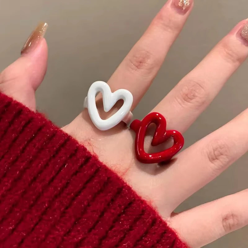 FTCY  White/Red Enamel Heart Sweet Ring For Women Trendy Geometric Dripping Oil Hollow Out Heart Ring Fashionable jewelry Gifts