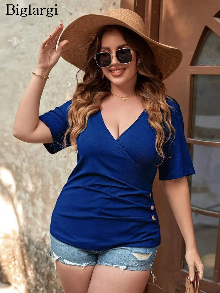 Tops de manga curta com decote em v feminino, blusas plissadas irregulares, cintura fina, moda sexy, plus size, verão