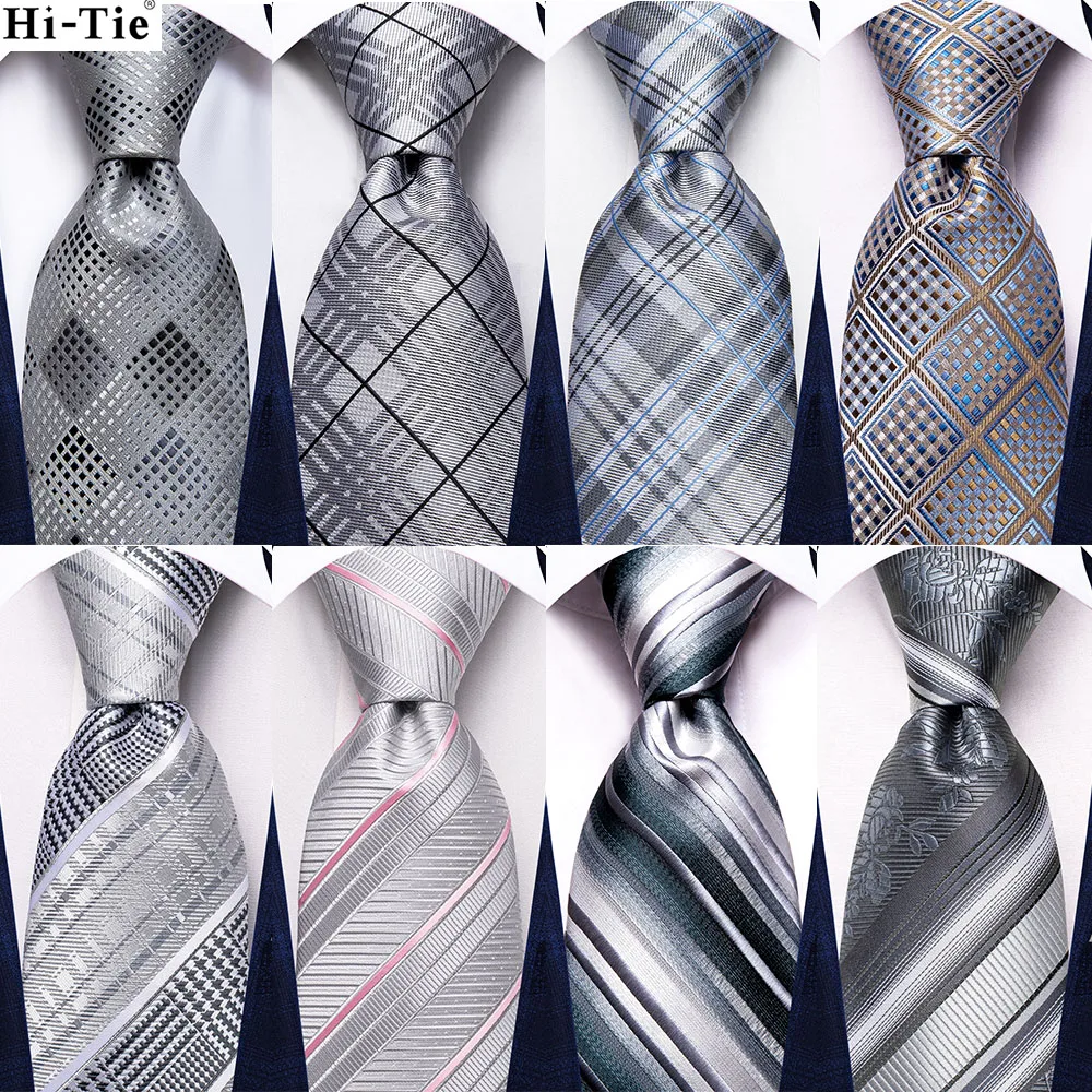 

Hi-Tie Silver Grey Striped Tie for Men 2023 New Fashion Brand Wedding Party Necktie Set Handky Cufflinks Gift Wholesale Designer