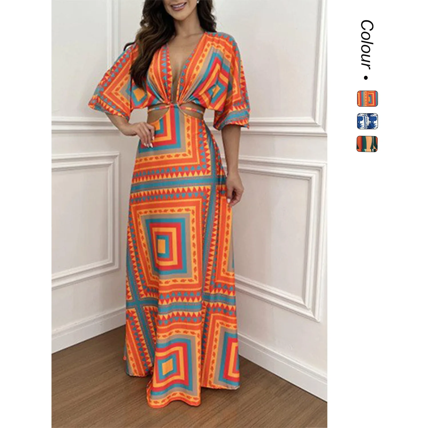 

South East Asia style women's clothing, color matching five-point bat sleeve waist strap dress