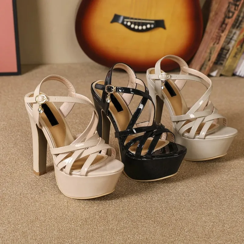 

14CM New Heeled Sandals High Heels Sandals Sexy Ankle Strap Open Toe Gladiator Platform Sandals Party Dress Women Shoes Sizes 44