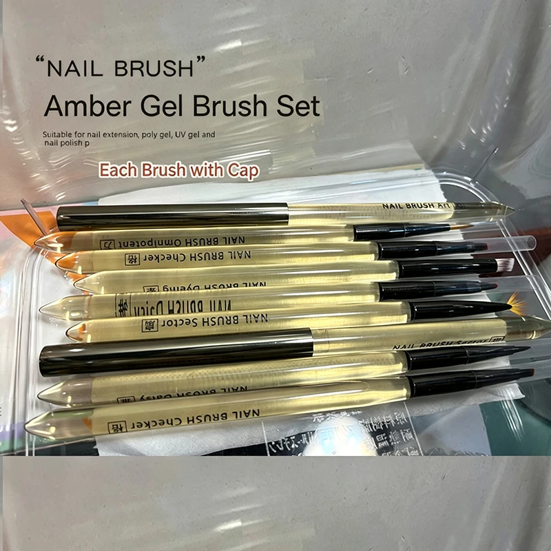 12Pcs Professional Nail Art Brush Set Amber Acrylic Handle UV Gel Liner Painting Blending Building Pen Salon Home Manicure Tools
