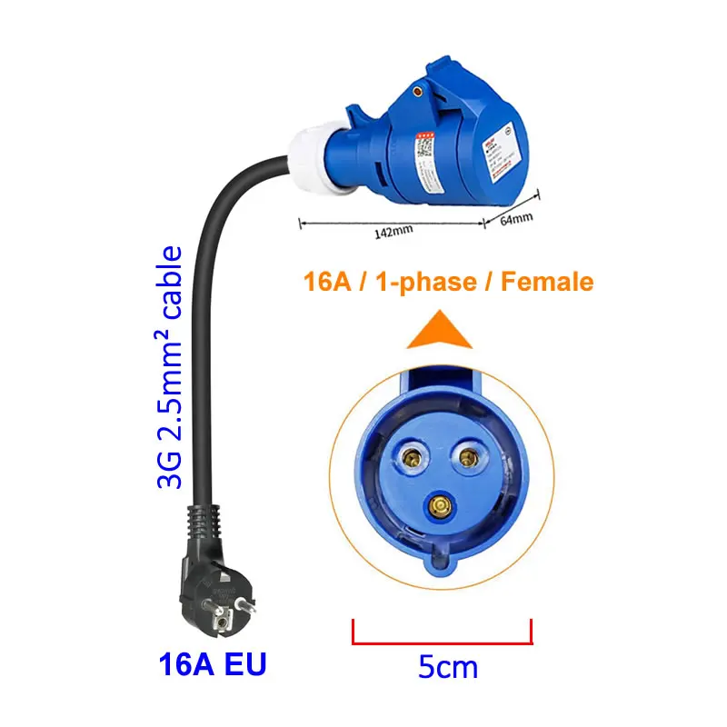 Electric Vehicle Charging Adapter 16A Blue CEE Socket to 16A EU Schuko Plug Adapter For Portable EV Charger
