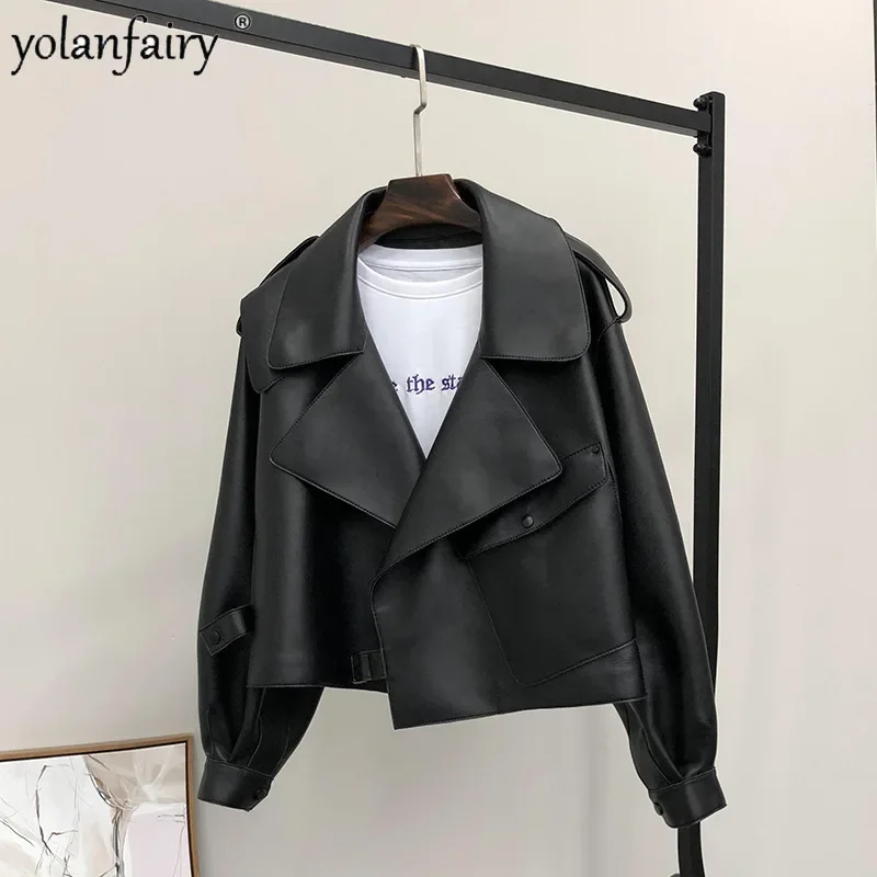 YOLANFAIRY Trendy Large Collar Leather Jacket Women's Short Real Sheepskin Trech Coats Female New in Outwears Korean Fashion