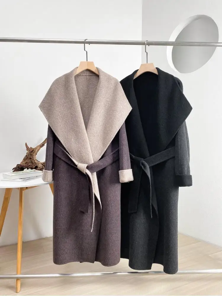 Giacche di Alpaca di fascia alta in stile coreano 2023 autunno/inverno atmosfera pigra cravatta allentata bicolore con lacci lunghi cappotti di lana