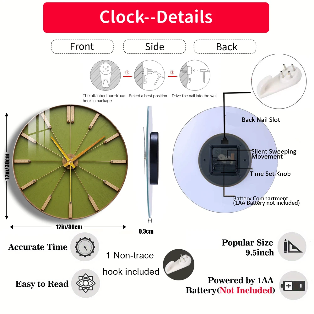 Tempered Glass Wall Clock Green Circular Wall Clock Suitable For Wall Decor or Tabletop Display Anywhere
