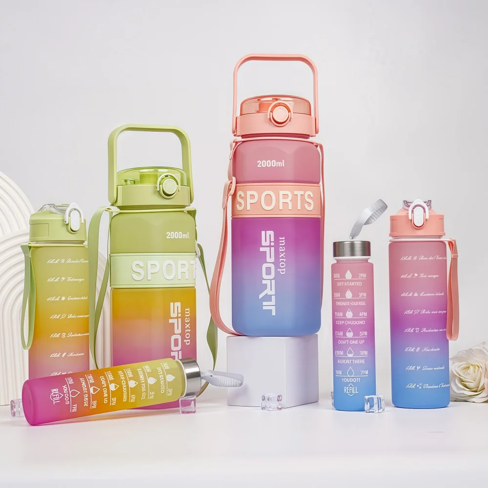 

1500-2000ml Hexagonal Triple-Cup High-Capacity Sports Water Bottle Outdoor Strap Portable Dual-Drink Space Drinking Bottles