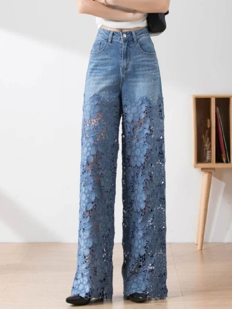 Fashion Elegant Jeans For Women High Waist Lace Patchwork Pantalones Hollow Out Denim Trousers Casual Loose All Match Pants 2024