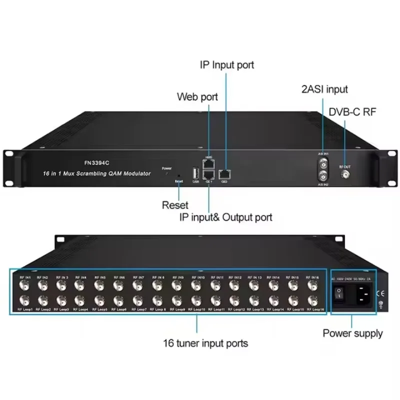 موالف تشفير الفيديو الرقمي 8/16/24 FTA مع مخرج IP ASI يدعم DVB-S/S2 DVB-C/T/T2 ISDB-T/ATSC مدخل صوت عالي الدقة إلى بوابة IP