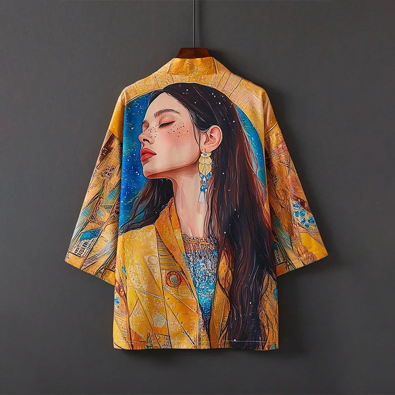 

European and American Retro Loose Cartoon Anime Character Print Kimono Cardigan Haori Top Summer Women's Plus Size Beach Vacation Swimwear Outerwear Sun Protection Clothing