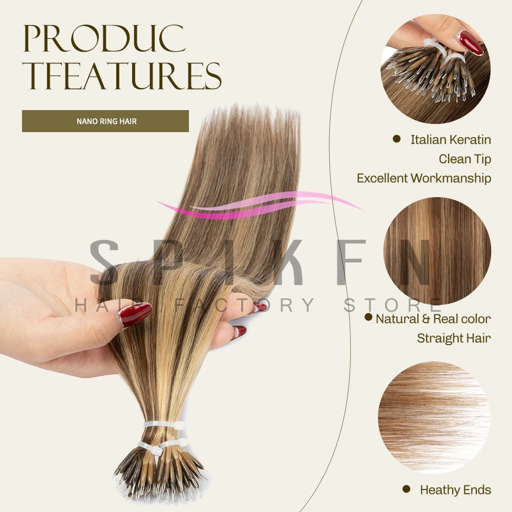 SPIKFN Bead Nano Ring Real Human Hair Extensions 50 Strands Black Brown Blonde Highlights 30g Pre-Bonded Nano Tip Hair 12-22inch