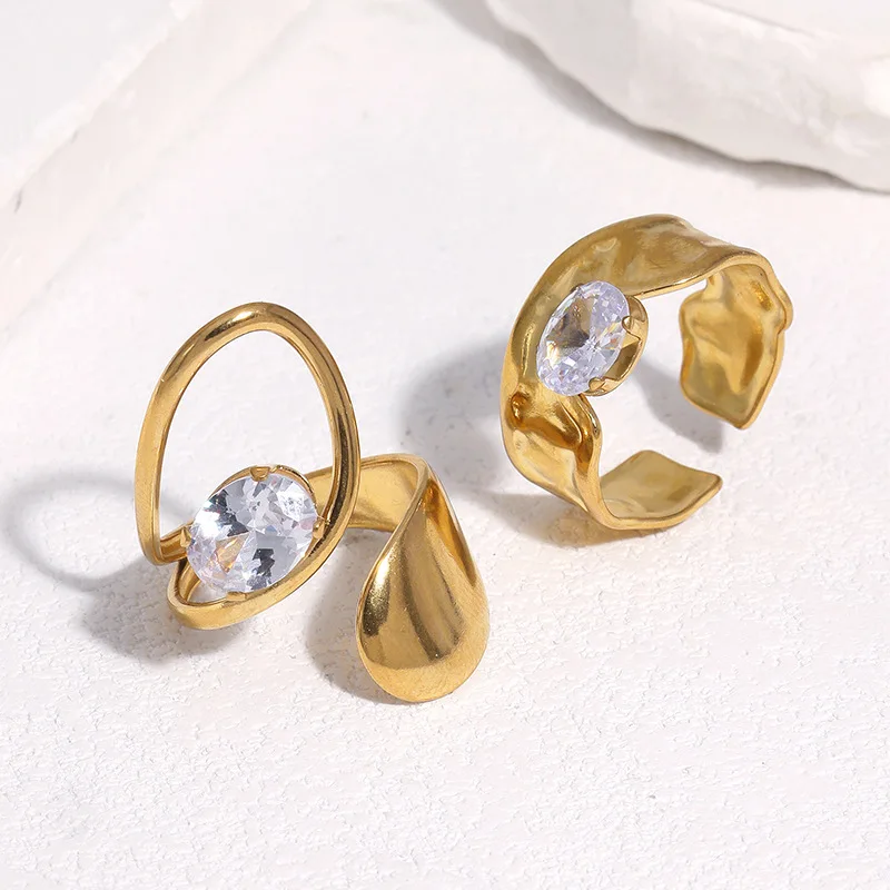 

Women 18K Gold Plated Irregular Ring, Premium Stainless Steel Inlaid Cubic Zirconia Sparkling Fashion Finger Accessories